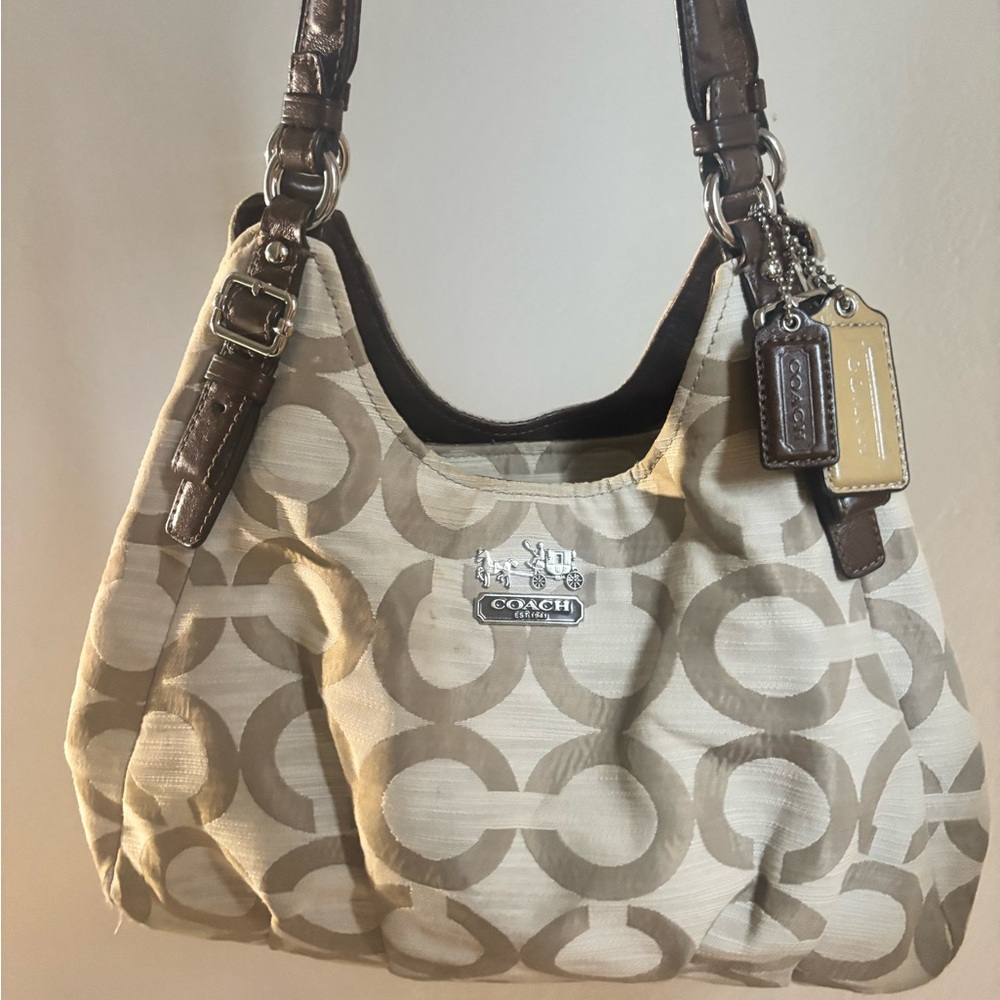 Coach Cream and Brown Hobo Bag with Signature Design-Madison Maggie , clean - Picture 2 of 11